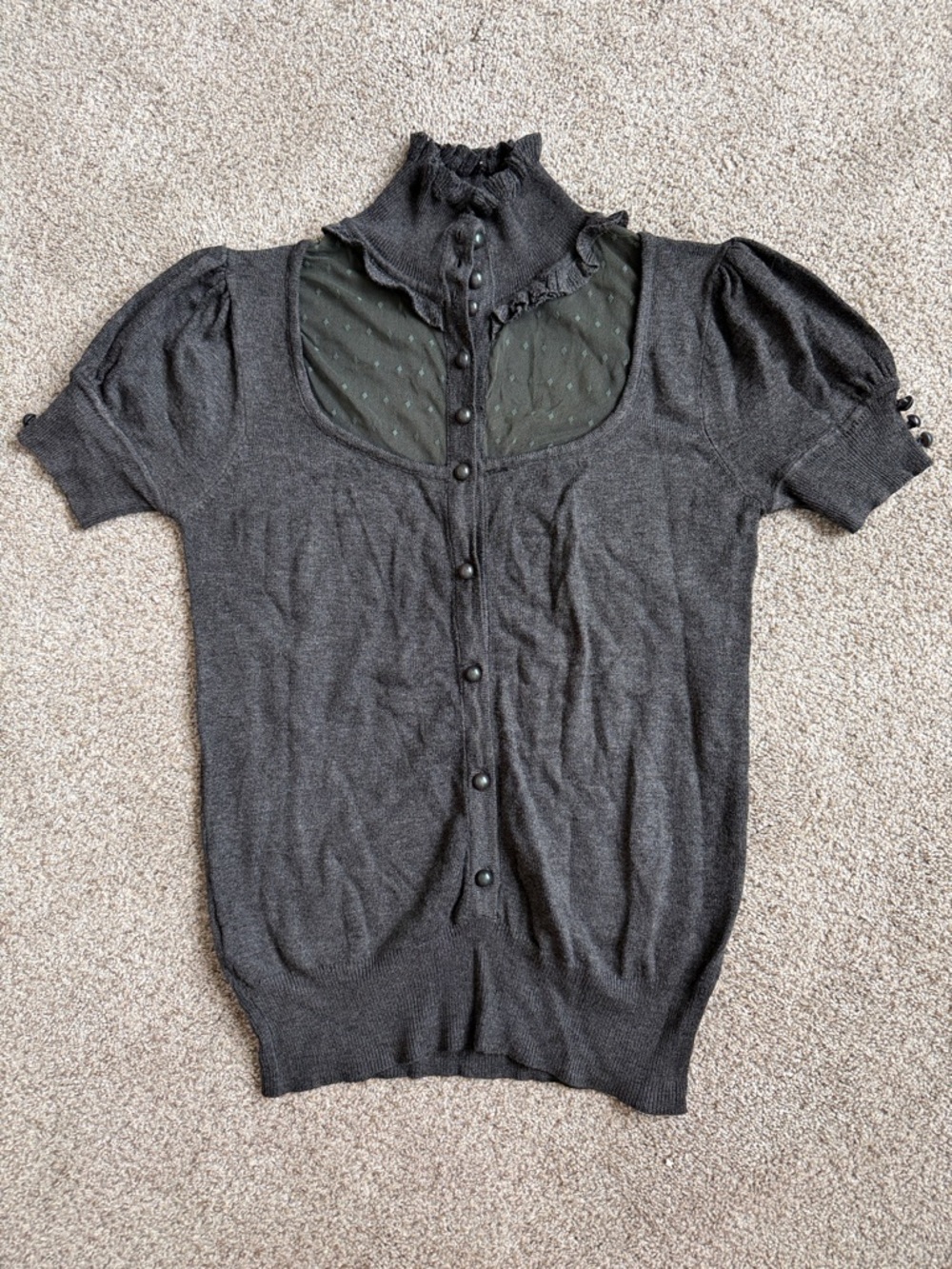 Women's Charcoal Short-Sleeve Knit Button-Up Top with Sheer Yoke